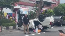 Toyota Calya terbalik setelah melintasi marka dan menabrak pohon di jalanan Magetan, Sabtu (2/3/2024). Foto: Neumedia.id/Fatihah