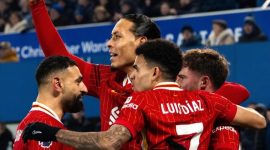 Para pemain Liverpool merayakan gol ke gawang Everton dalam Derby Merseyside, Kamis (13/2/2025) dini hari lalu. Sumber Foto : Instagram @virgilvandijk