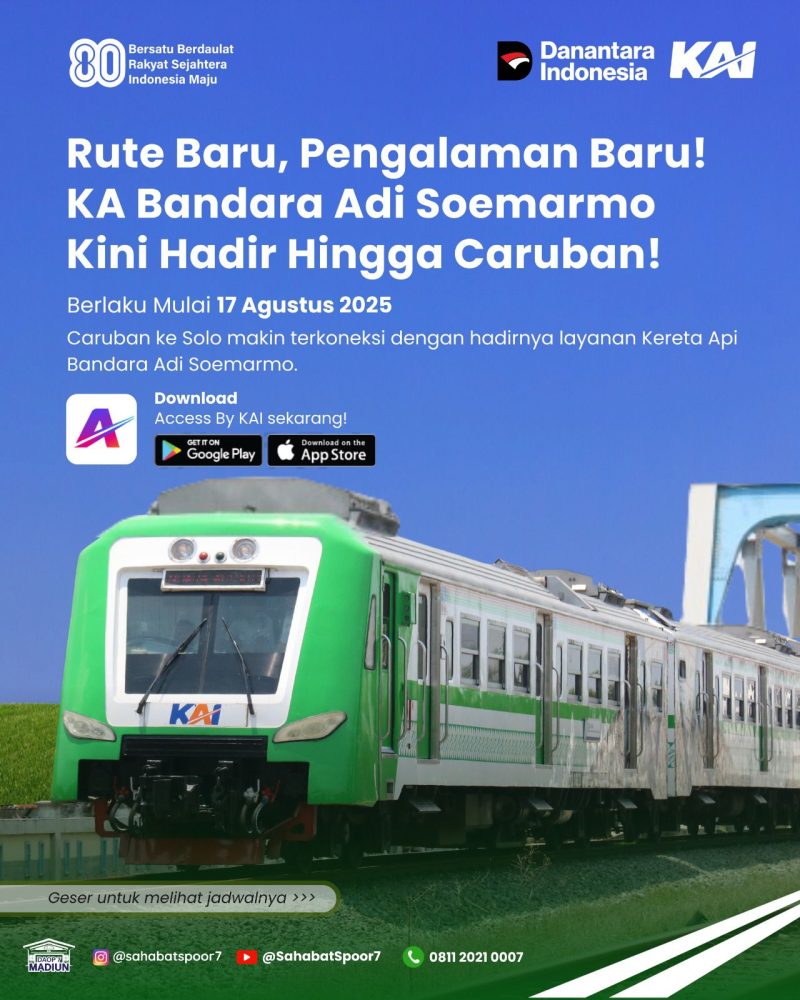 Mulai Minggu (17/8/2025), KA BIAS resmi melayani rute hingga stasiun Caruban, Kabupaten Madiun. Sumber Foto : KAI Daop 7 Madiun. 