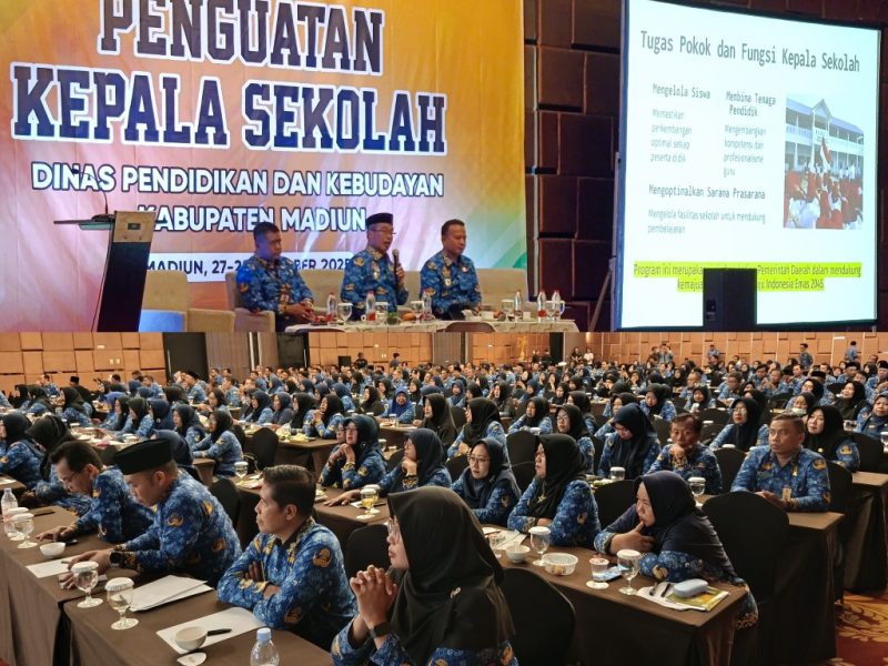 Bupati Madiun H. Hari Wuryanto (tengah foto atas) didampingi Wakil Bupati dr. Purnomo Hadi (kanan) dan Kepala Dinas Pendidikan dan Kebudayaan Agus Sucipto, saat memberikan arahan di Aston Hotel, Selasa (28/10/2025) 