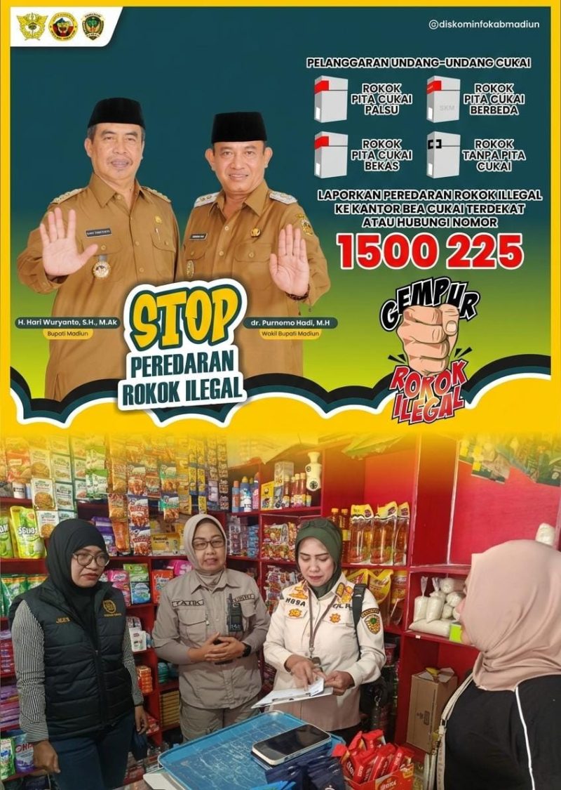 Berantas peredaran rokok ilegal, tim gabungan menyisir sejumlah toko dan warung di Desa Sirapan dan Desa Dimong, Kecamatan Madiun, Kamis (13/8/2026)