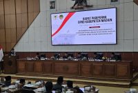 Rapat paripurna DPRD Kabupaten Madiun dengan agenda penyampaian pengantar nota keuangan Rancangan APBD 2027, Rabu (14/10/2026).